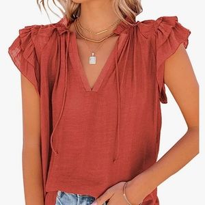 New No tag Rust V Neck Ruffle Sleeve Top Size XL
